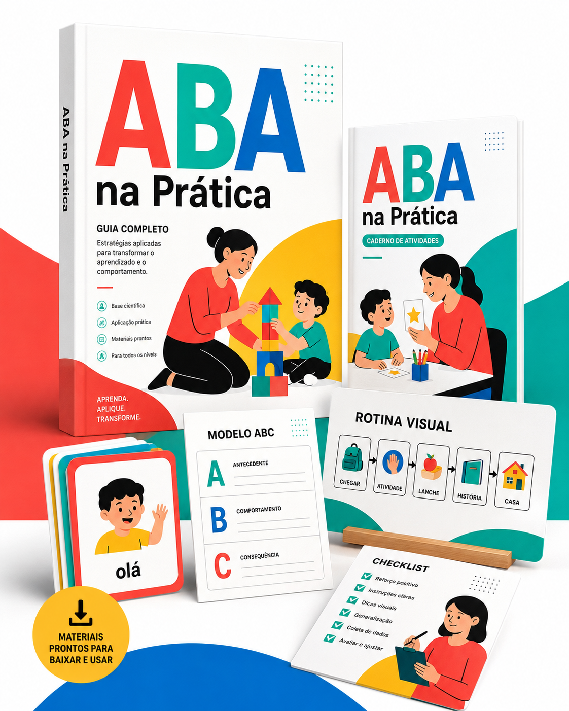 Materiais do ABA na Prática: guia, caderno, cartões e checklists